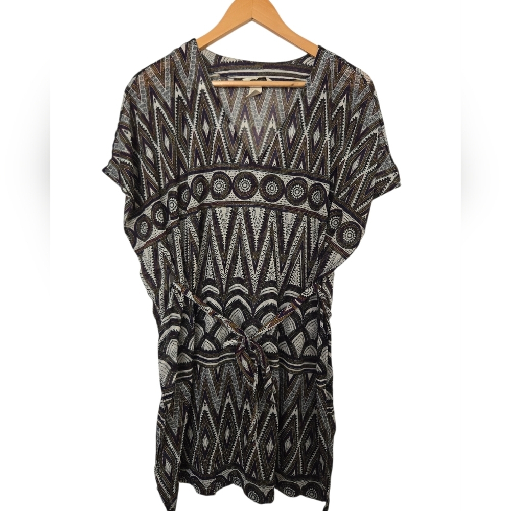 Y2K H&M Boho Geometric Print Tunic Dress Size Medium Tie Waist Festival